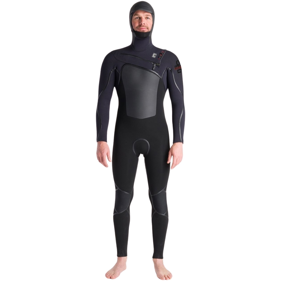 2025 C-Skins Da Uomo NuWave Wired+ 6/5mm Chest Zip Con Cappuccio Muta C-NWI65MH - Black / Black X / Rust